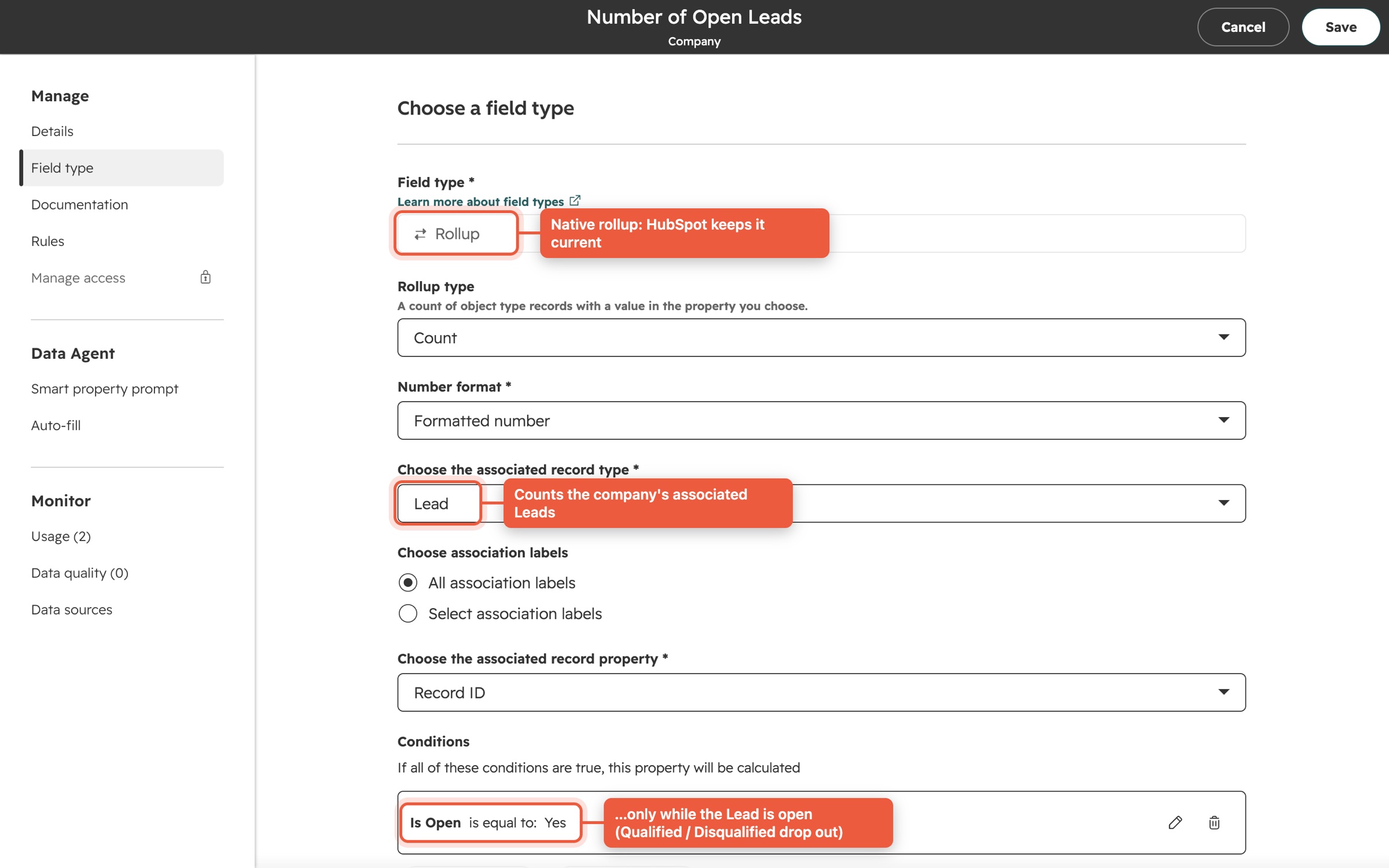 Property settings for Number of Open Leads: Rollup, Count, associated record type Lead, condition Is Open equal to Yes